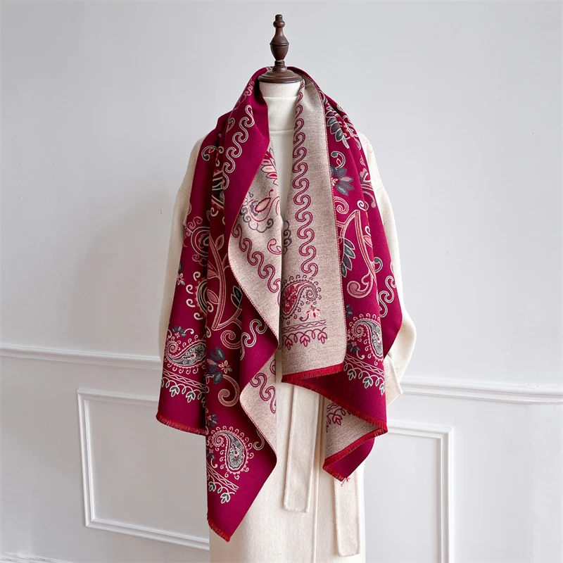 

Winter Scarf for Women Cashmere Warm Red Paisley Jacquard Pashmina Blanket Wraps Lady Thick Soft Bufanda Tassel Shawl Poncho