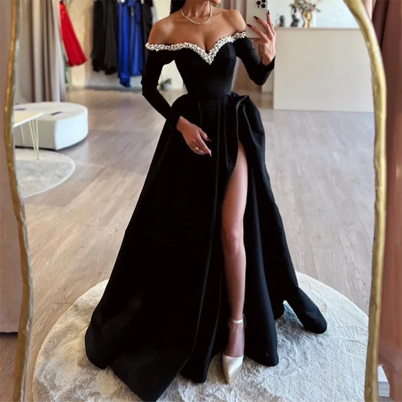 Black Prom Dresses Strapless A-Line Satin Evening Dresses 2024 Off Shoulder Full Sleeve Beading On Chest Side Split Customized