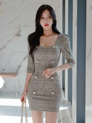 Spring Autumn Fashion Vintage Work Style Formal Pencil Short Dress Women Clothes Elegant Office Plaid Puff Sleeve Slim Vestidos