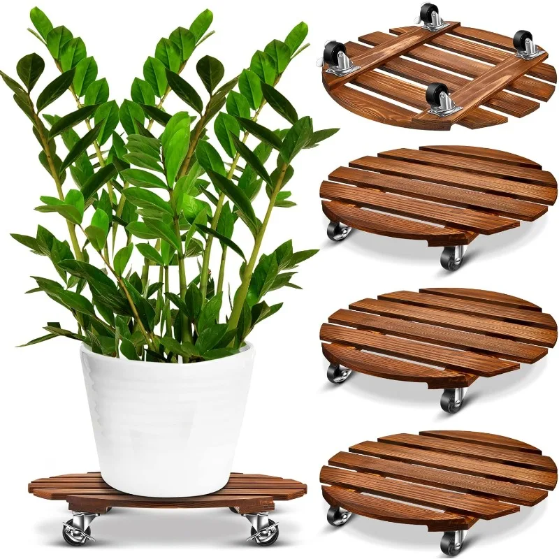 4 Pack 14 Inch Wood Plant Stand with Lockable Wheels 220 Lbs Heavy Duty Rolling Plant Stand Plant Roller