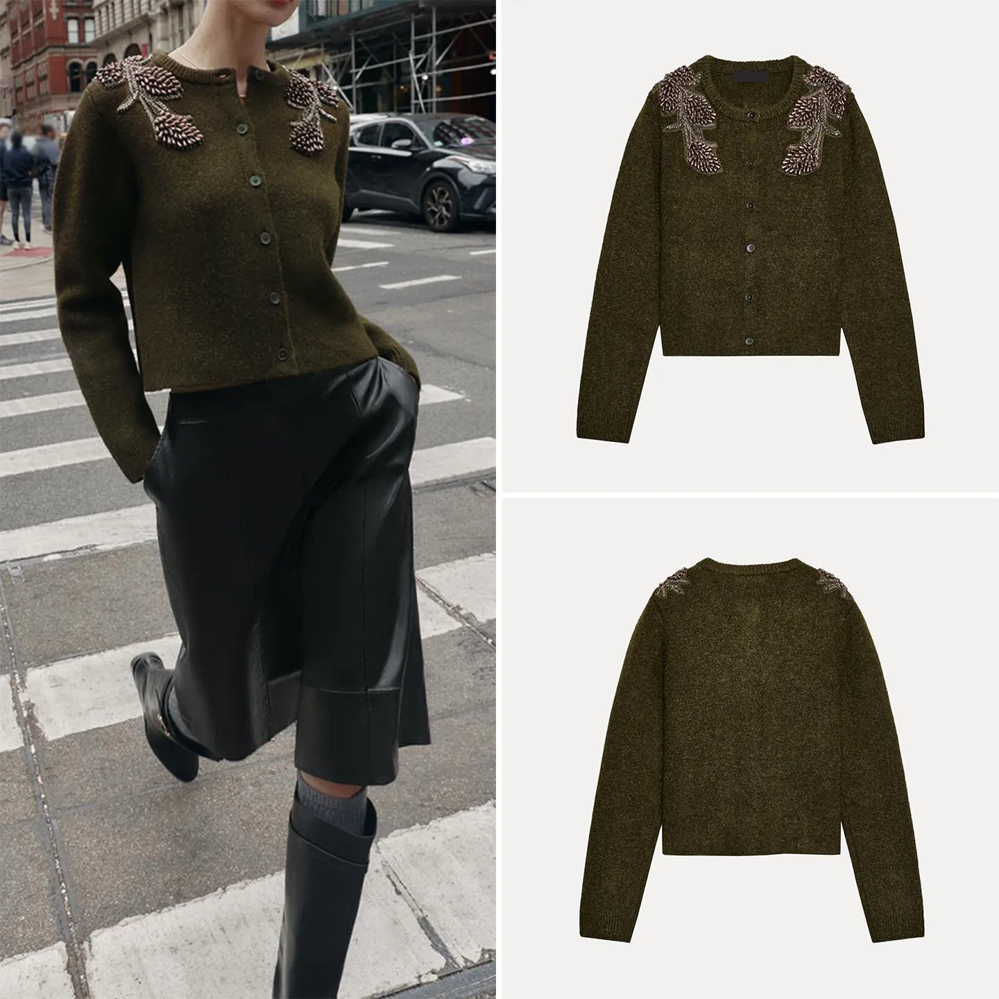 

Winter 2025 Women's Knitted Jaet Beaded Faion Outerwear Loose Fit Long Sve round Ne Button up Cardigan Sle Z ...