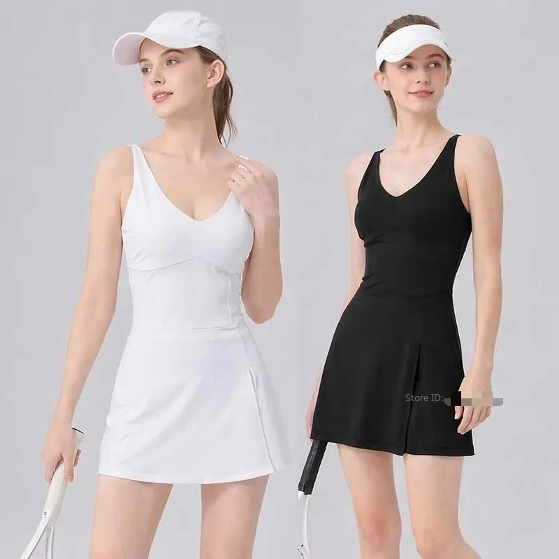 SharpStar New V-Neck Tennis Dress with Chest Pad Quick Dry Pickleball Sports Dress with Shorts Breathable Golf Badminton Outfit