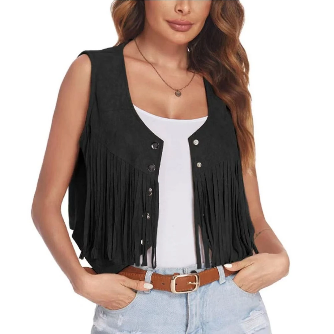 Women's Vintage Faux Suede Fringe Vest, Rivet Tassels Open Front Sleeveless Cardigan, Western Boho Hippie Cowgirl Waistcoat