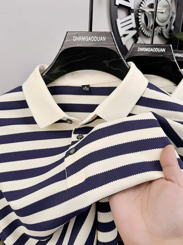 T Luxury  Lapel Men Long Sleeve High Quality Spring and Autumn Wear Fashionable Striped Color Matching Men's T-shirt Polo Shirt image 4