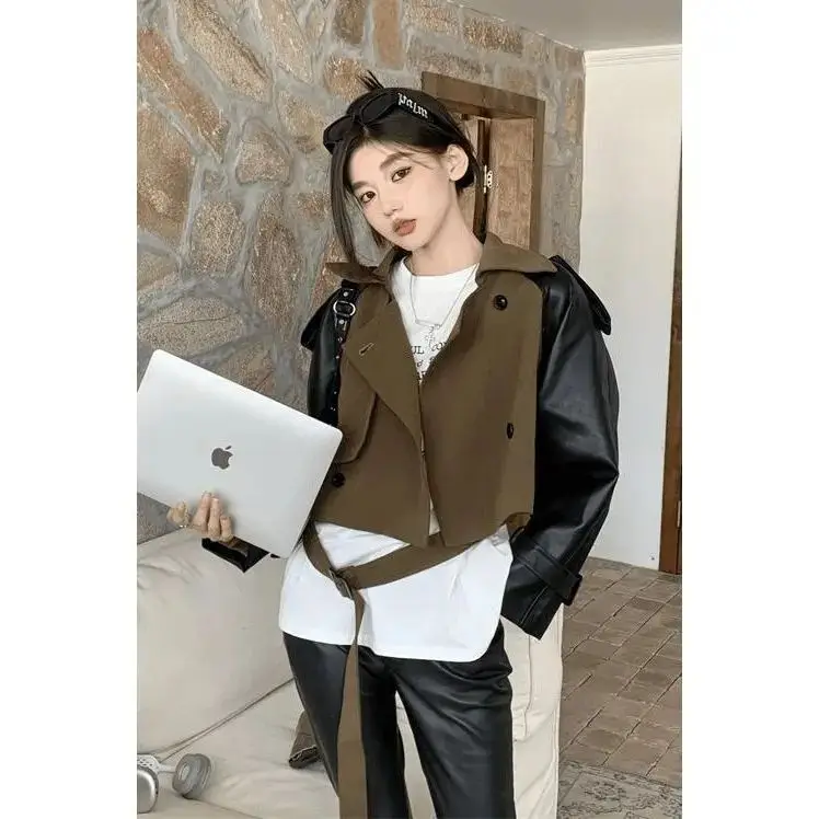 2026 Autumn and Winter New Women's Clothing Wear Design Sense Chic Contrasting Color Splicing Short Trench Coat