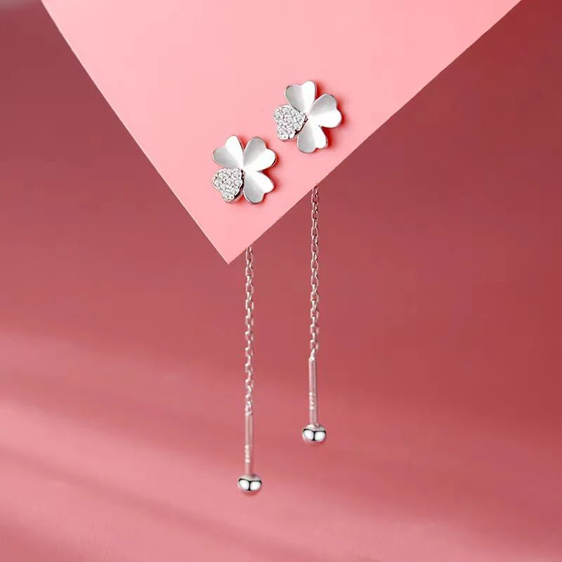 925 Silver Stamp Zircon Clover Chain Tassel Plant Stud Earrings For Women Cute Fine Jewelry Light Luxury Accessories