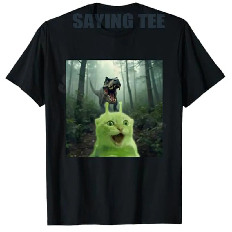 Funny Alien Cat Meme Selfie with T-Rex Dinosaur Brainrot T-Shirt Y2k Humorous Boys Fashion Short Sleeve Graphic Saying Tee Gifts