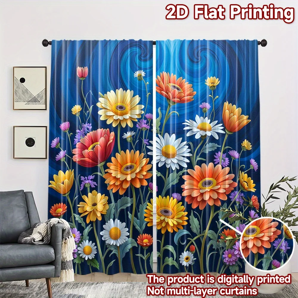 Bright Abstract Blue Swirl Floral Curtain 2 Pack, Gerbera Daisy Tulip Leaf Print Drapes for Colorful Bedroom Living Room Decor