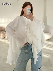 Bclout Fashion Chiffon White Shirts Blouses Women Chic Elegant Loose Ruffled Flare Sleeve Tops Casual O-Neck Sexy Shirts Female