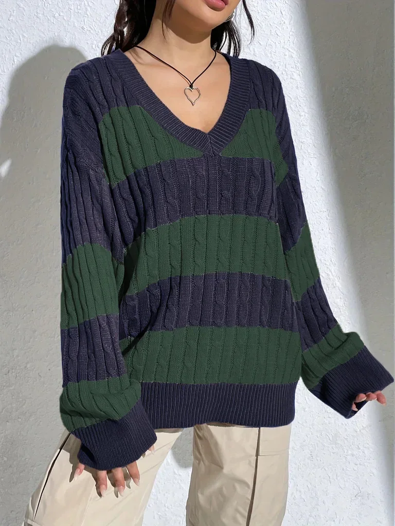 Suninbox Vintage V Neck Acrylic Knitted Sweaters Women Korean Fashion Long Sleeve Striped Sweater Pullover Autumn Winter Clothes