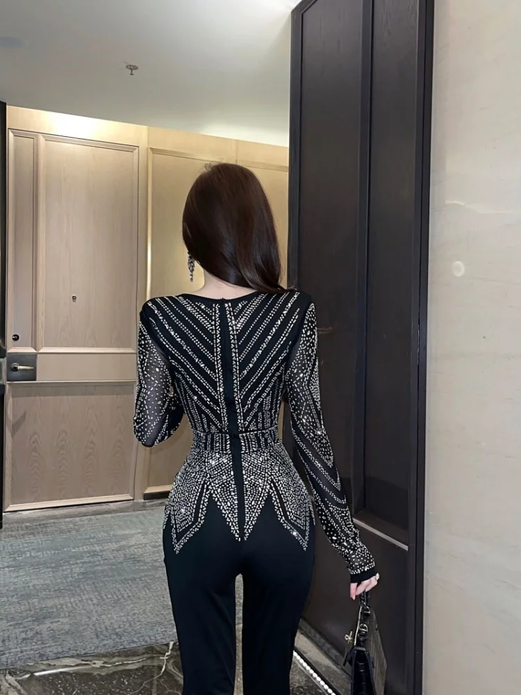 SMTHMA New Autumn Sexy Bodycon Black Luxury Rhinestone Jumpsuit Women Fashion Pants Rompers Vintage Y2k Streetwear Rompers