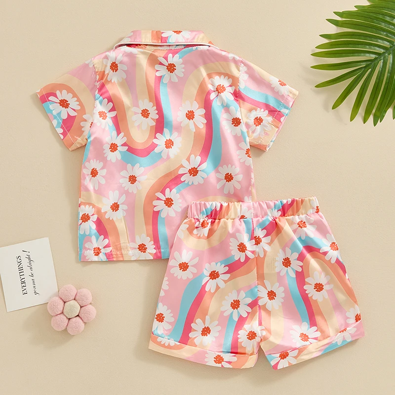 

Kid Toddler Girls Silk Pajamas Set Short Sleeve Button-Up Shirt Tops Loose Shorts PJs Set Sleepwear