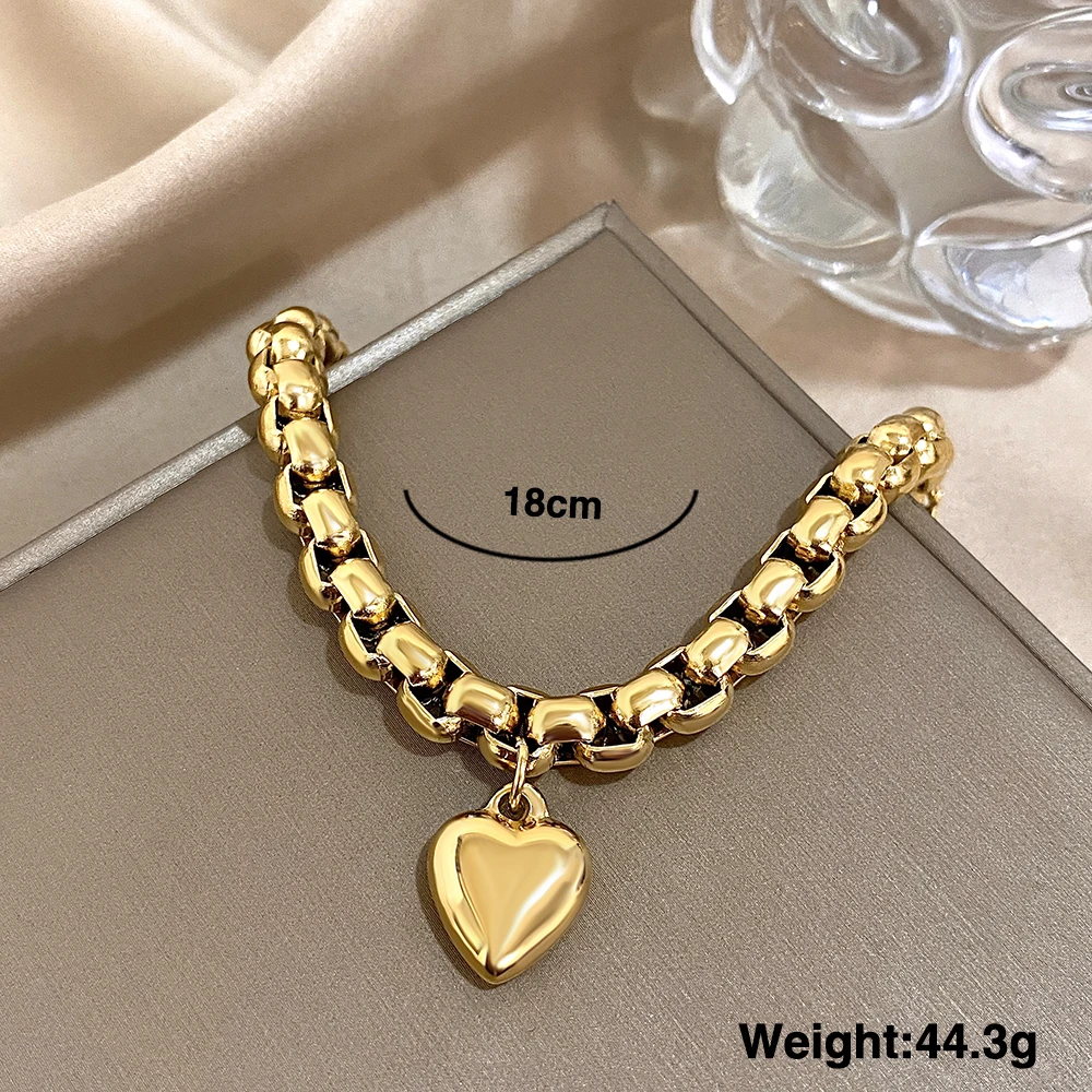 Trend Chunky Gold Color Metal Stainless Steel Thick Chain Heart Charm Bracelet For Women Men Wrist Stackable Jewelry Gift