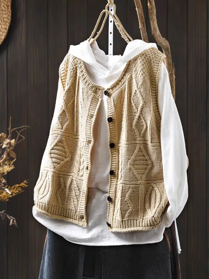 루즈핏 니트 솔리드 컬러 트위스트 니트 베스트 가디건 여성 캐주얼 라운드넥 싱글 버튼 봄 가을 아우터