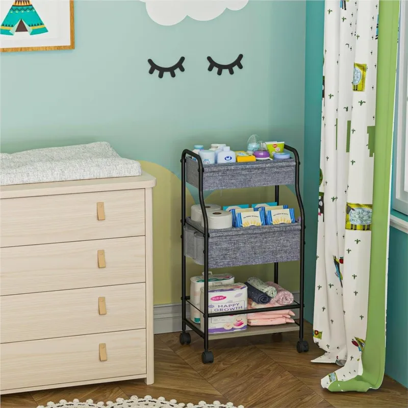 LazyChild Rolling Trolley Multifunctional Storage Rack Nursery Diaper & Toy Organizer with Mesh Pockets