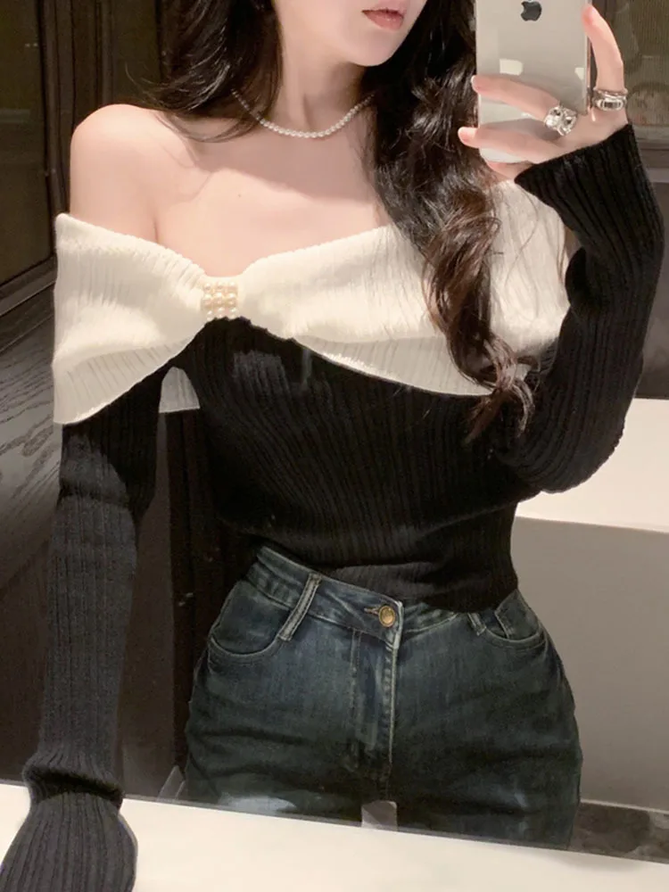 Hit Color Off Shoulder Sexy Strapless Long Sleeve Slim Knitwear Tops 2023 Autumn Winter Bottoming Knitted Sweater Mujer