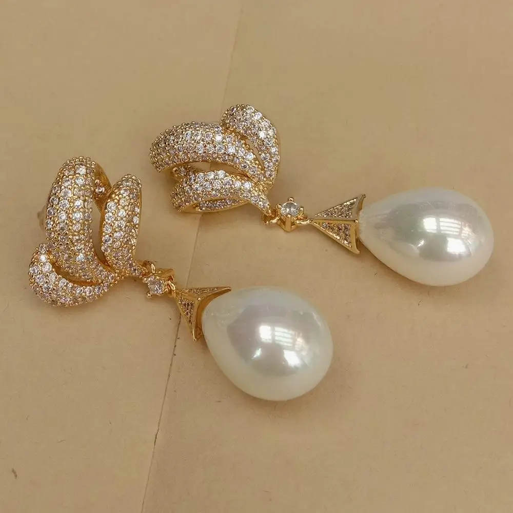 Y·YING Sea Shell Pearl Gold Plated Cz Pave Stud Drop Earrings Gifts