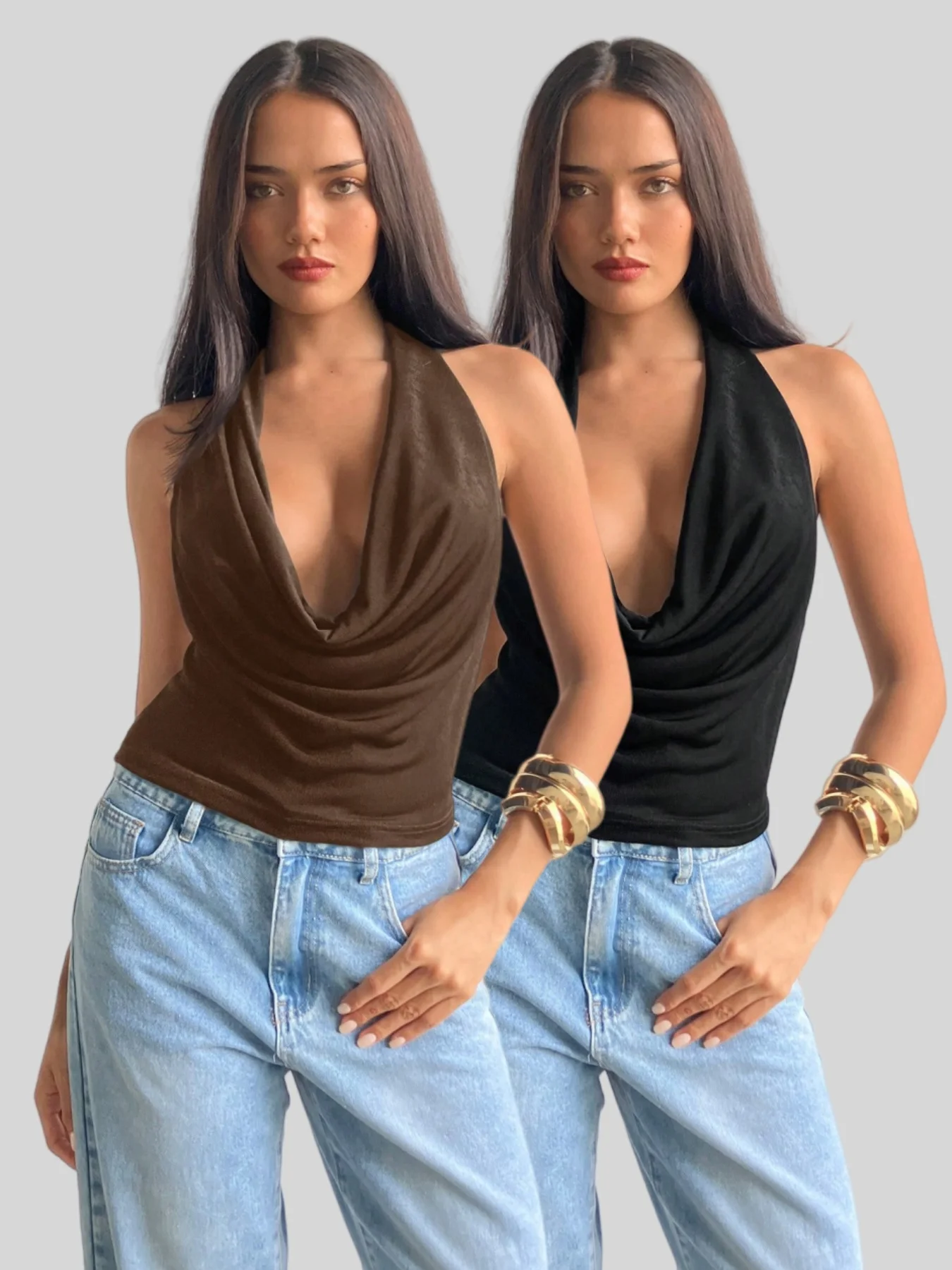 2 Pack Multi-color Women Halter Cowl Neck Draped Deep V Neck Sleeveless Slim Fit Cropped Cami Top 2026 Summer Elegant Going Out