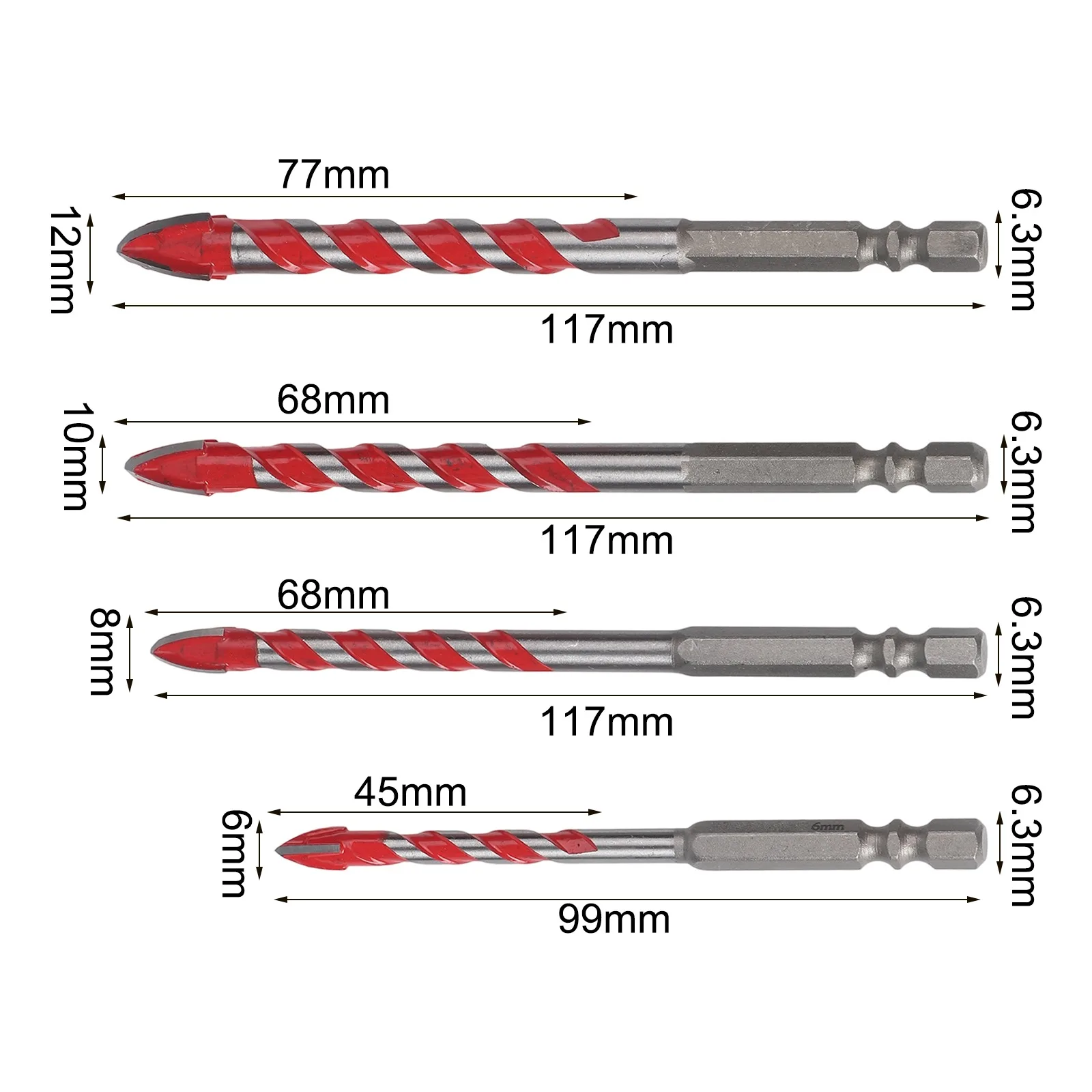 4-個の偏心ドリルビット-1-4-インチ六角シャンク石材ドリルビット-ガラス木材金属タイルアルミニウム板金用の穴あけ加工-6-12mm