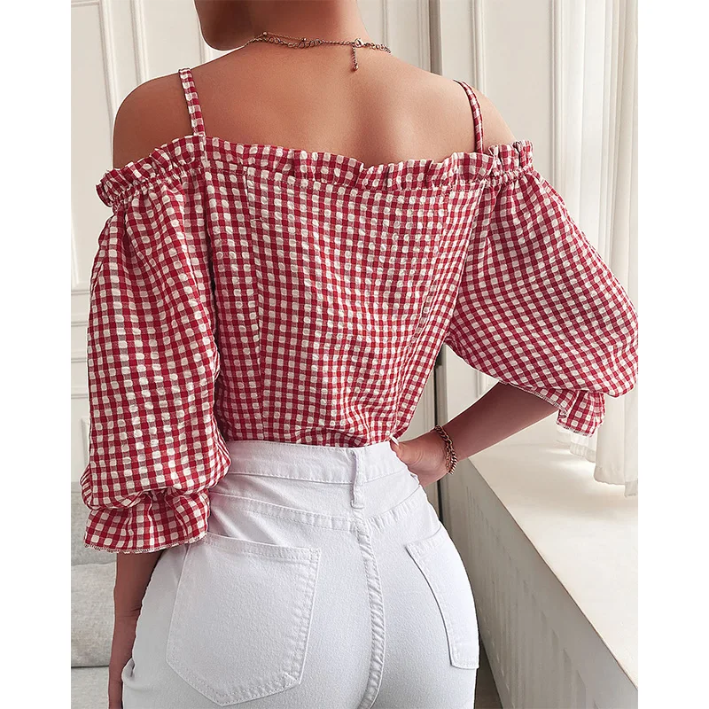 Women Top Cold Shoulder Plaid Print Frill Plaid Lotus Leaf Sleeves Backless Sling V-Neck Single-Breasted Top