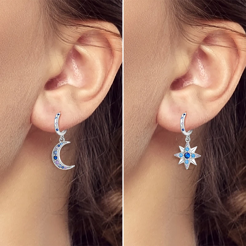 

Hot 925 Silver Earring For Woman Moon Star Pendant Earring Original Fine Jewelry