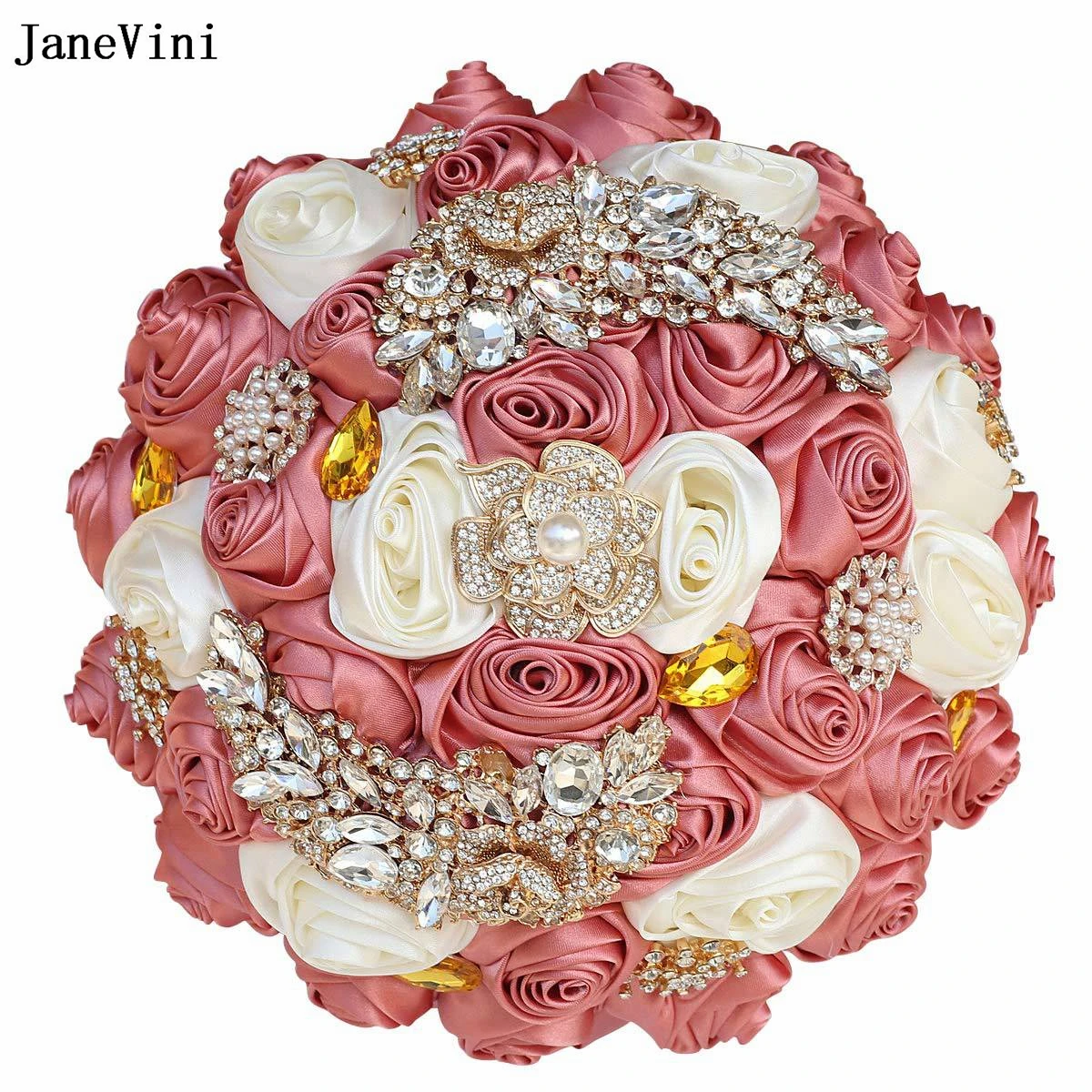 

JaneVini Luxury Golden Crystal Bridal Holding Bouquets Artificial Satin Roses European Bride Flowers Bouquet Wedding Accessories