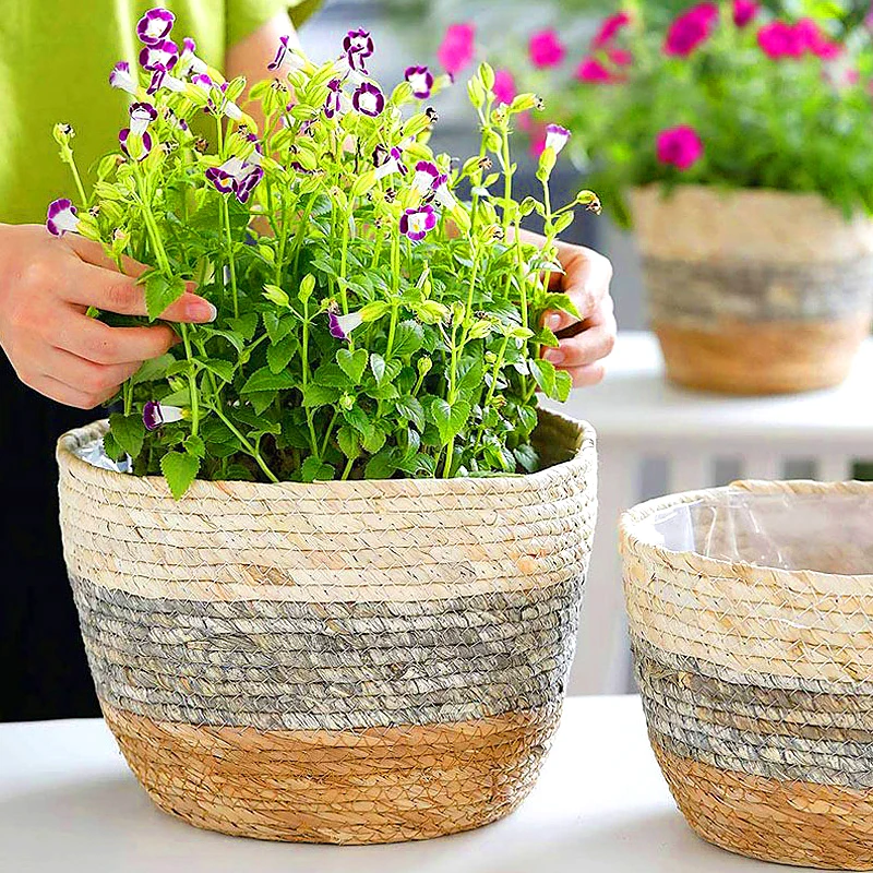 1PC Hanging Planter Straw Rope Woven Wall Hanging Plant Storage Basket Flower Pot Hanger For Wall Decoration Countyard Garden