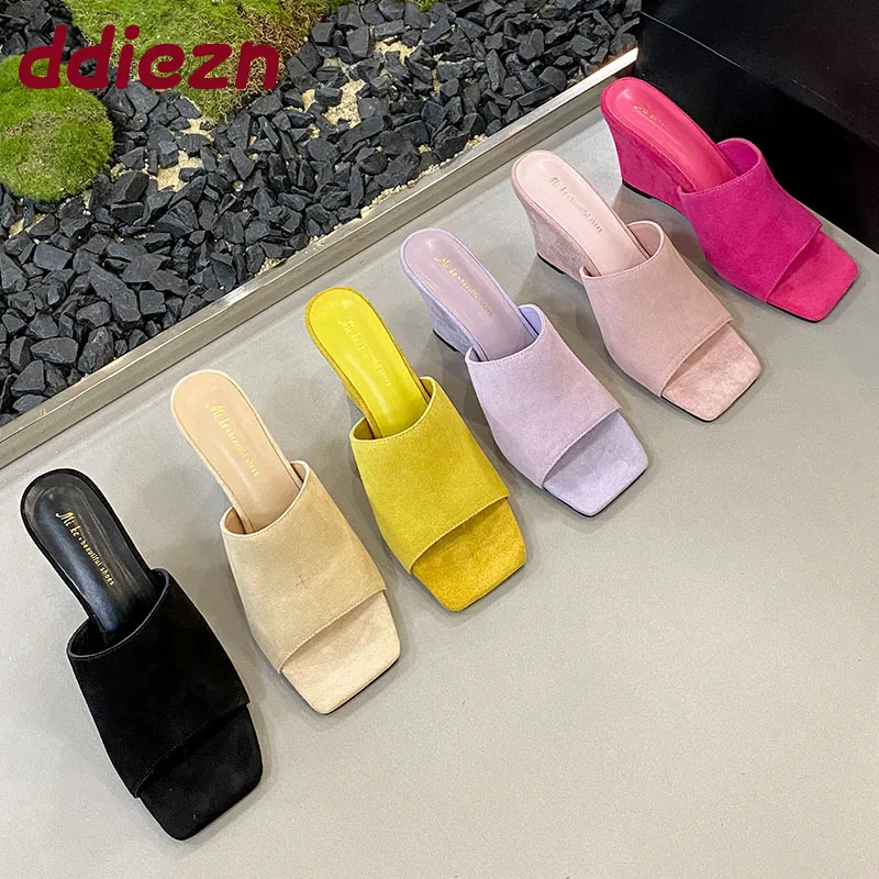 

Fashion Shallow Women Wedges Sandals Shoes 2025 New Female Heeled Footwear Square Toe Ladies Wedges Sandals Slides Shoes