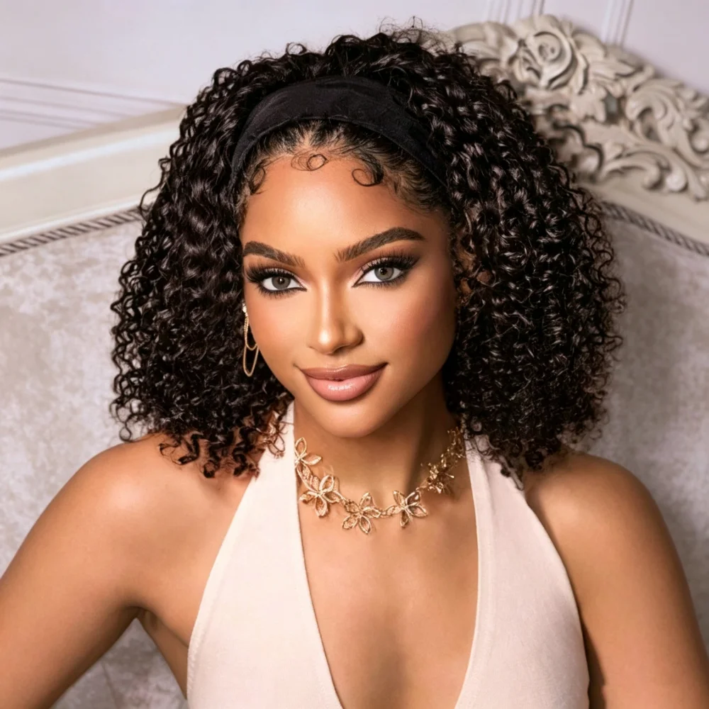 Perruque bandeau bouclée crépue, densité 210, 22 pouces, en cheveux humains brésiliens, couleur noir naturel, pour femmes, fabriquée à la machine