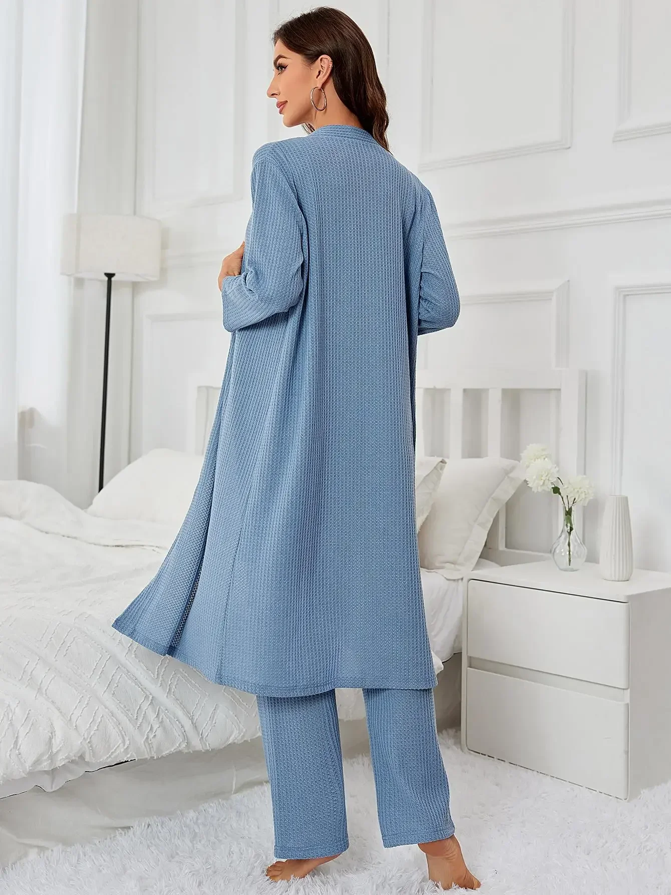 Knitted Women Pajama Set 3 Piece Sleeveless Lettuce Top & Drawstring Full-Length Pants & Solid Robe Sleepwear Homewear Nightwear