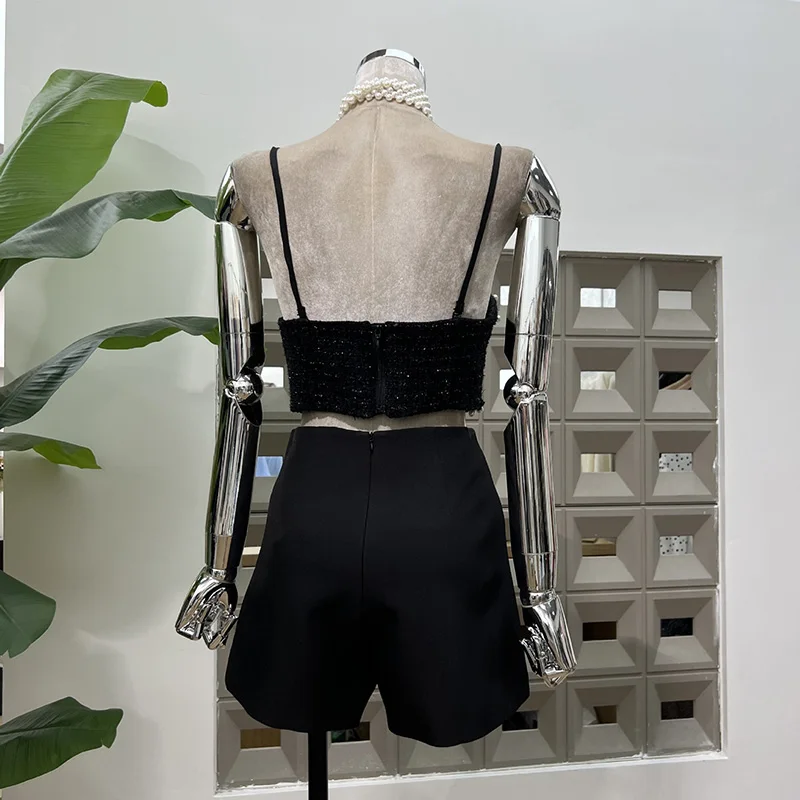 KBQ Solid Three Piece Sets for Women Round Collar Long Sleeve Coats Sexy Vest High Waist Spliced Button Shorts Luxury Set Female