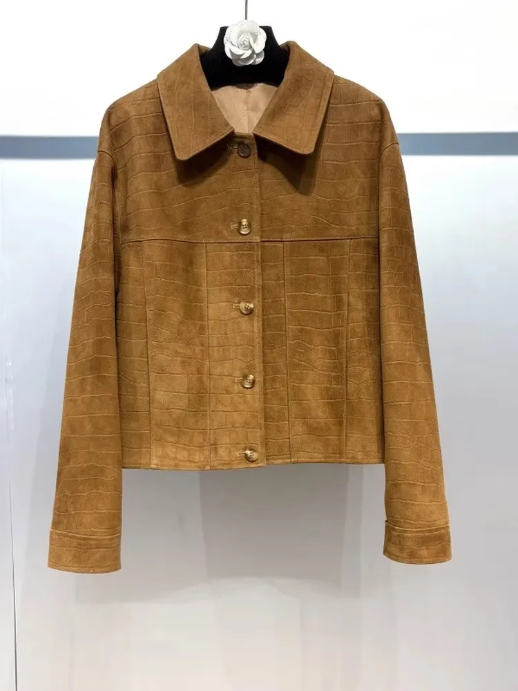 최고급 악어 무늬 디자인 진짜 양가죽 스웨이드 여성 재킷 가을 천연 가죽 코트 시크한 턴다운 칼라 아우터웨어