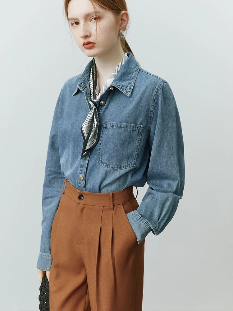 FSLE 2022 Winter Blue Soft Denim Shirt Outside Female Korean Loose Autumn Long Seeve Stacking V-Neck Casual Women Shirt