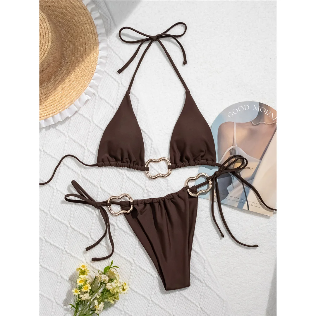 Sexy Neckholder-Bikini mit Metallringen und hohem Beinausschnitt, Damen-Badeanzug, zweiteiliges Bikini-Set, Badebekleidung, Badeanzug, Schwimmbekleidung V6564 – Detail 18