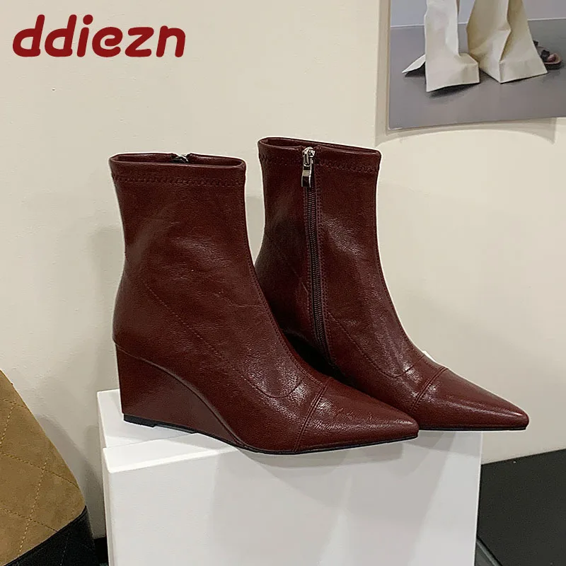 

Fashion Wedges Women Ankle Boots Shoes Female Zippers Footwear Pointed Toe Ladies Modern Stretch Boots Heeled Shoes