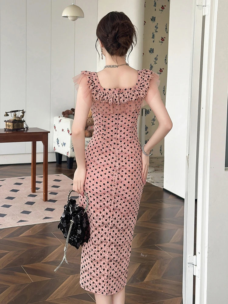 Summer Sweet Pink Lace Dot Vacation Evening Dress Women Clothes Elegant Ruffle Sexy Sleeveless Slim Midi Robe Party Prom Vestido