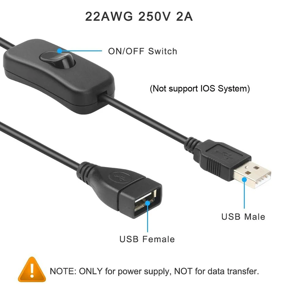 2 szt. 0.3M kabel USB męski do siła żeńska z włącznikiem/wyłącznikiem przedłużającym do rejestrator jazdy wentylator USB lampa biurkowa LED