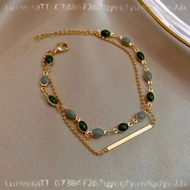 Green Gray Vintage Elegant Double Layer Stone Inlaid Geometric Rectangular Bracelet with Copper Bead Chain for Women Daily
