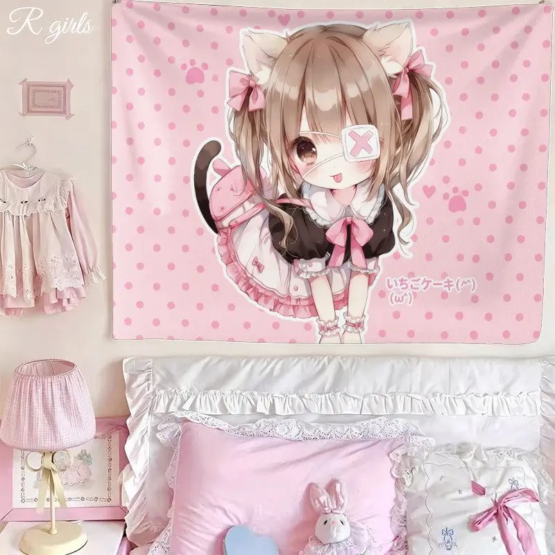 VIKAMA Cat Ear Girl Tapestry Wall Hanging Home Decor for Bedroom Living Room Dorm Cute Cat Mother Cartoon Aesthetic