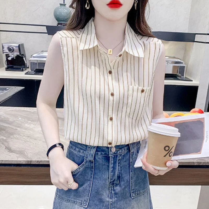 Summer Casual Women\'s Chiffon Sleeveless Striped Shirt Sweet Slim Top Office Lady All-Match Elegant Blouses With Pocket New Chic