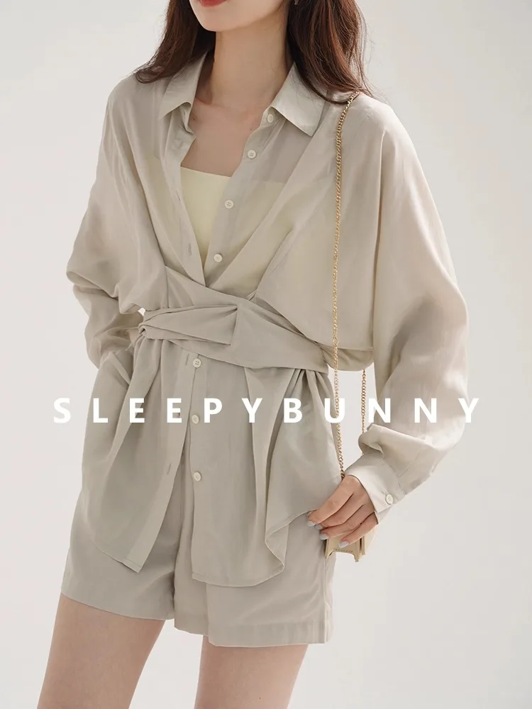 

Stylish Two Piece Summer Outfit for Women Long Sleeve Belted Sunscreen Shirt Matching Shorts Lightweight Casual Set Daily Wear
