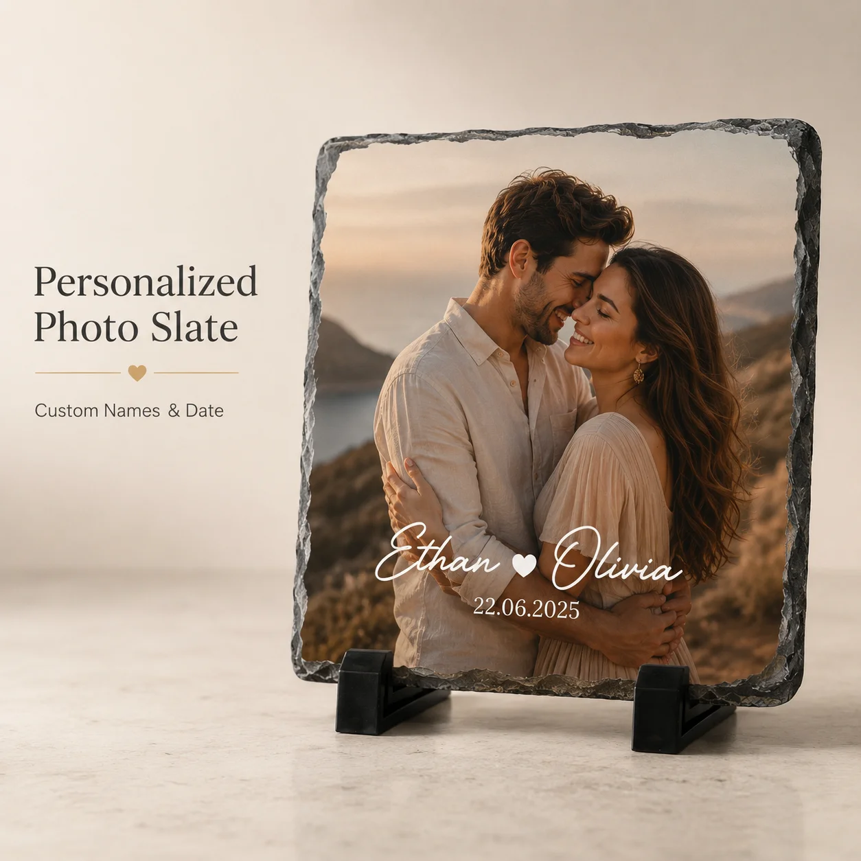 Custom Couple Photo Slate Natural Stone Personalized Name Date Memory Keepsake Wedding Anniversary Gift Home Decor Display Stand