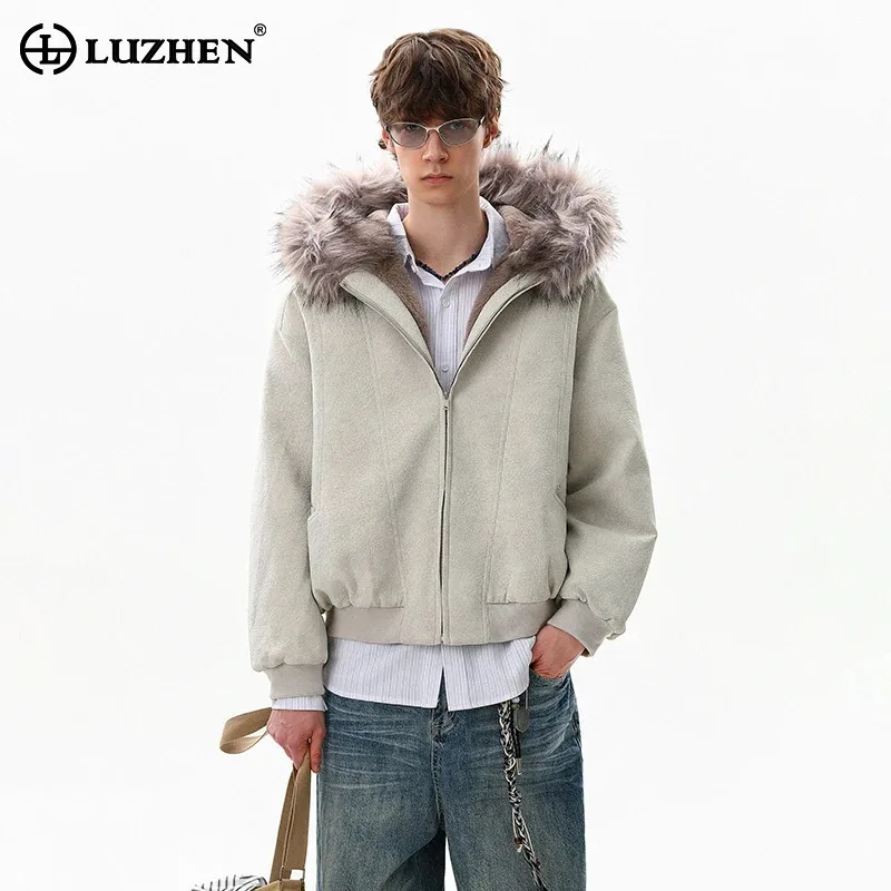 루젠 2025 겨울 고품질 인조 모피 후드 패딩 코트 남성 패션 우아한 분위기 단색 캐주얼 파카 JY5424