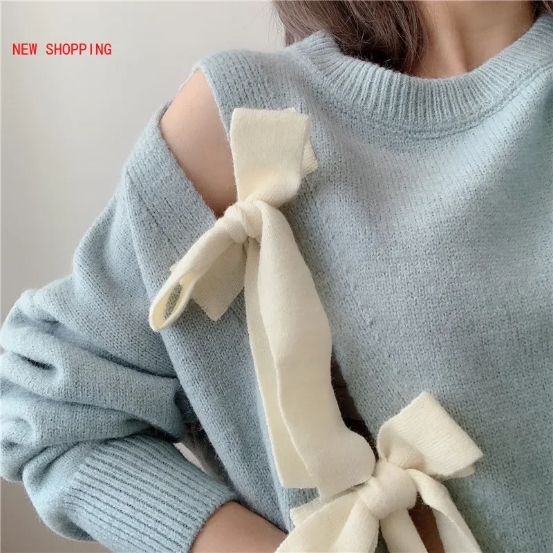 Causal Fashion Korean Bow Tie Hollow-out Split Pullover Sweater Long Sleeve O-neck Knitted Tops 2024 Autumn Winter Knit Jumper