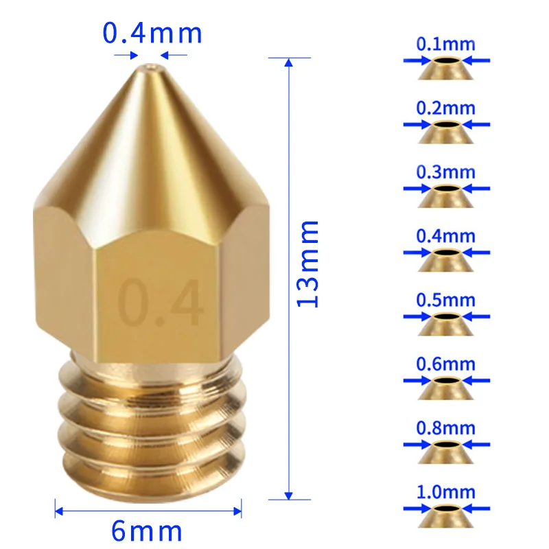 10/20 Pcs MK8 Brass Nozzle 0.2MM 0.3MM 0.4MM 0.5MM 0.6MM Extruder Head Nozzles For 1.75MM CR10 CR10S Ender-3 3D Printer Parts