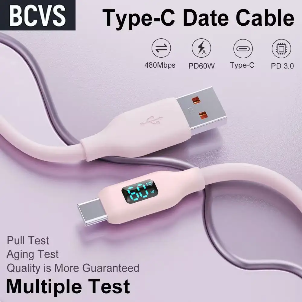 2/3Pack 60W Silicone LED Display USB A to USB C Fast Charging Data Cable Compatible with Samsung Xiaomi Oppo Type C Smartphones