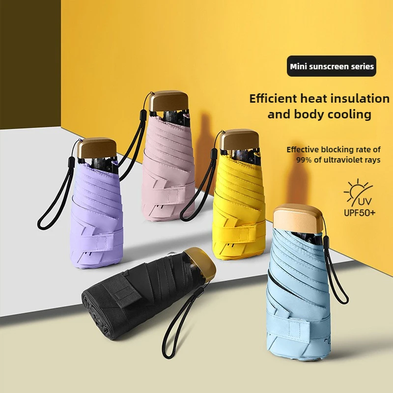 Women's 6-Rib Compact Sun Umbrella UPF Manual Folding Mini Travel Shade for Beach Commute Shopping Cute Portable Style Travels