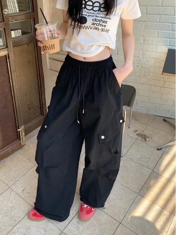 High Waist Wide Leg Pants Women's Black Drawstring Multi Pocket Loose Design Commuter Workwear Trousers Fashionable