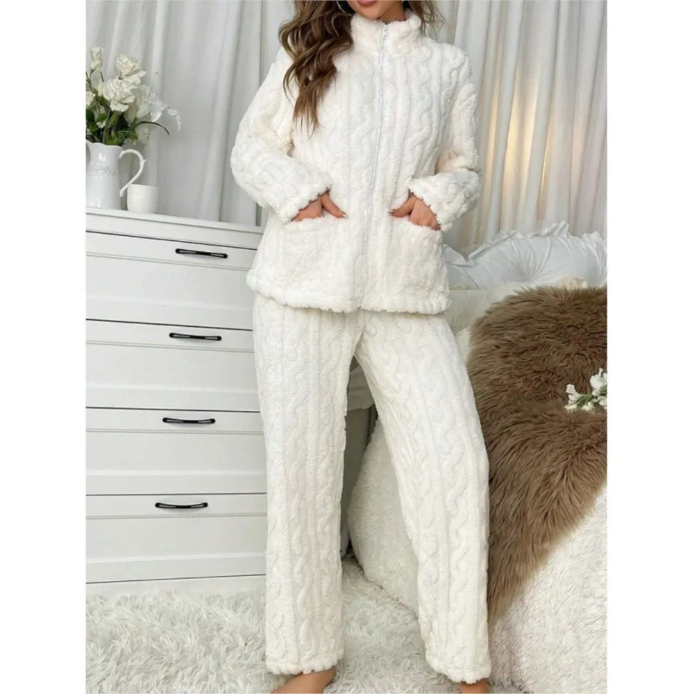 

Женский повседневный теплый комплект брюк, осенне-зимний новый модный жаккардовый коралловый бархат, повседневная домашняя одежда, пижамы, комплект из 2 предметов, женский