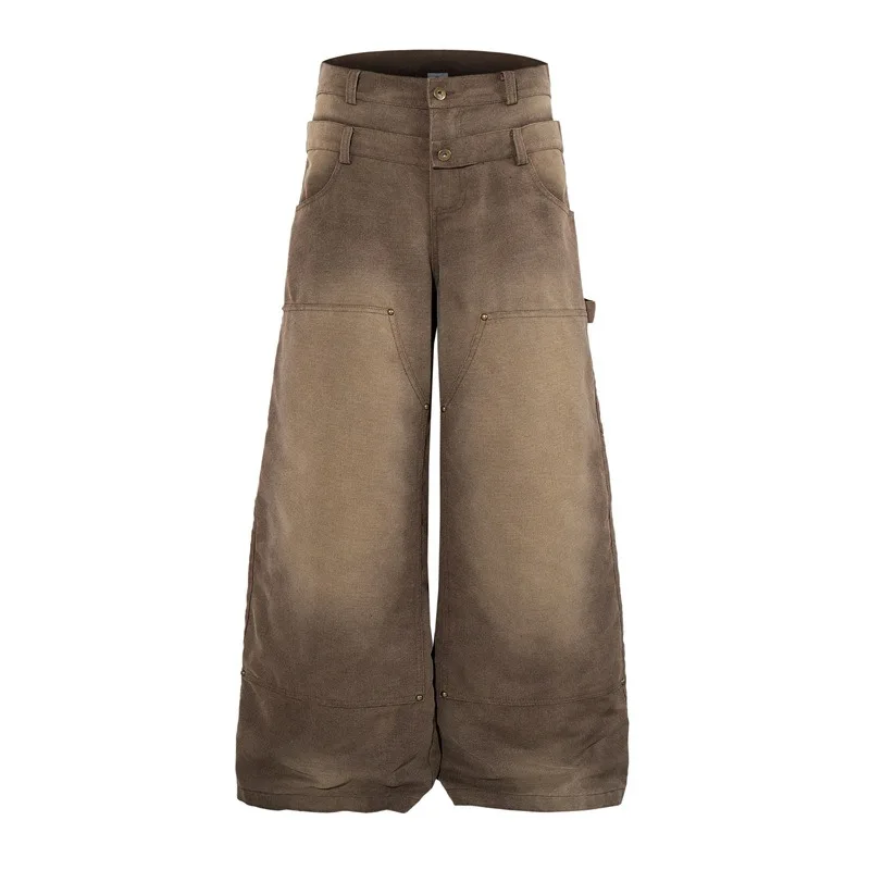 Men's Double-layer Waist Wide Leg Cargo Jeans American Retro Washed High Street Hip-hop Baggy Denim Pants Y2k Streetwear Men